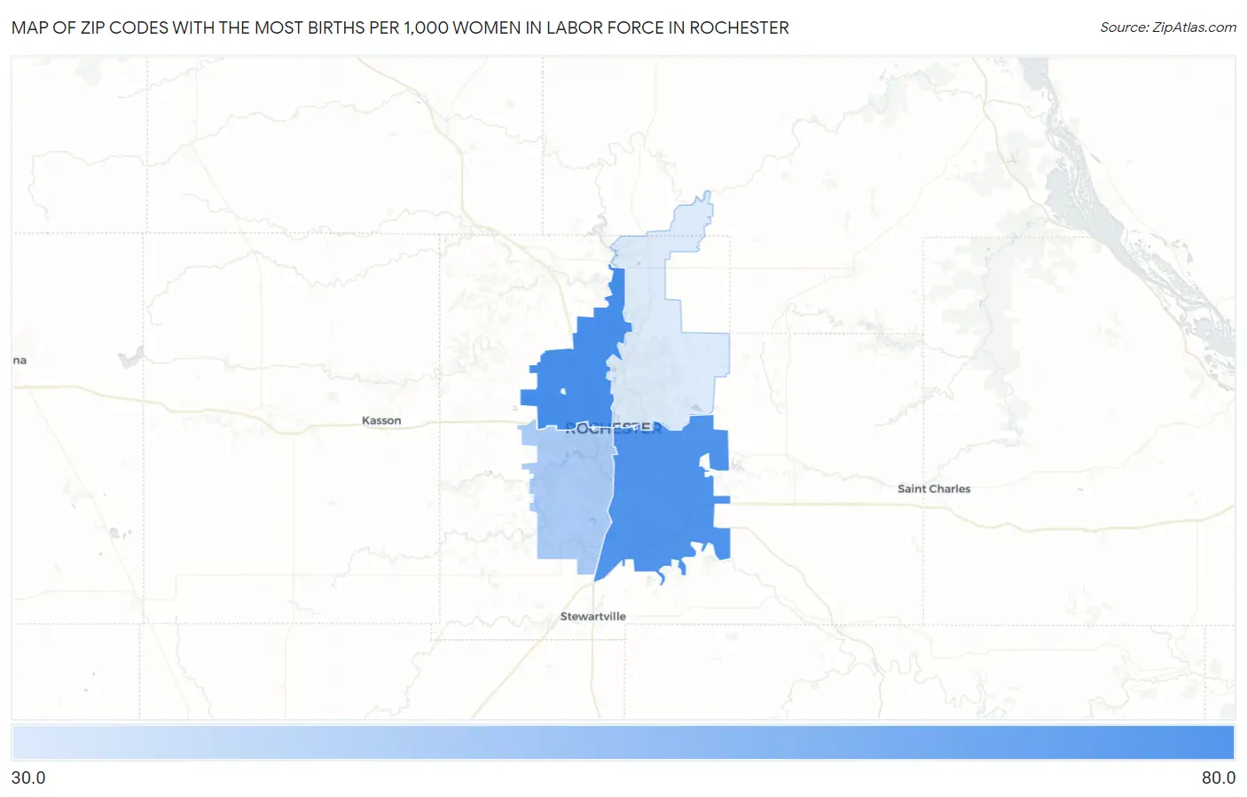 Zip Codes with the Most Births per 1,000 Women in Labor Force in Rochester Map