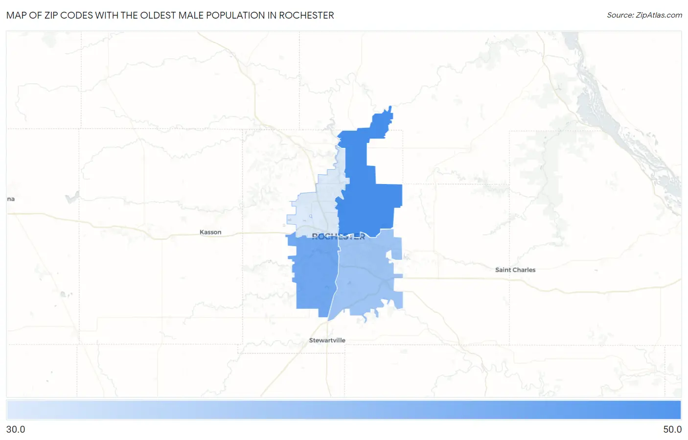 Zip Codes with the Oldest Male Population in Rochester Map