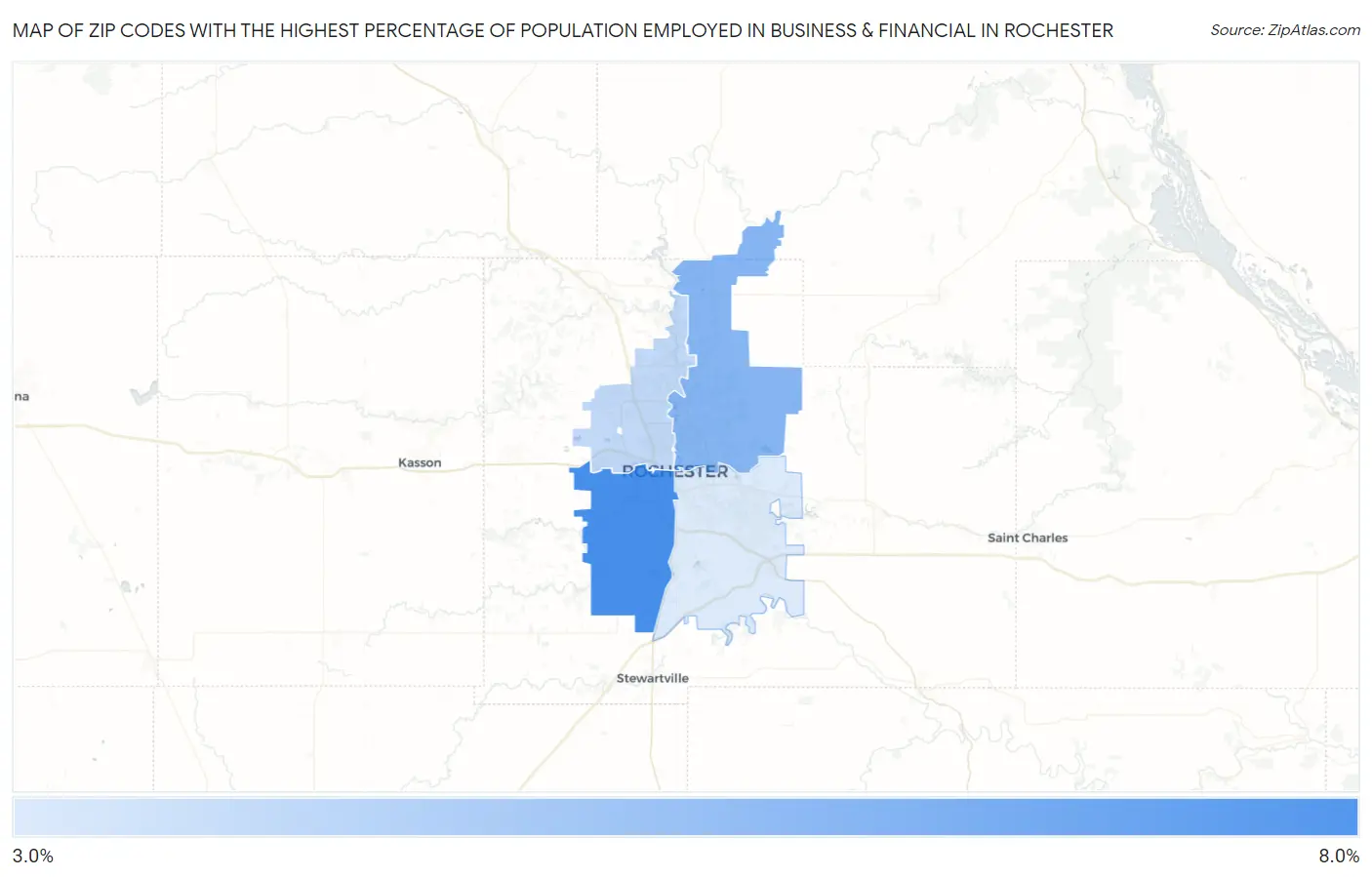 Zip Codes with the Highest Percentage of Population Employed in Business & Financial in Rochester Map