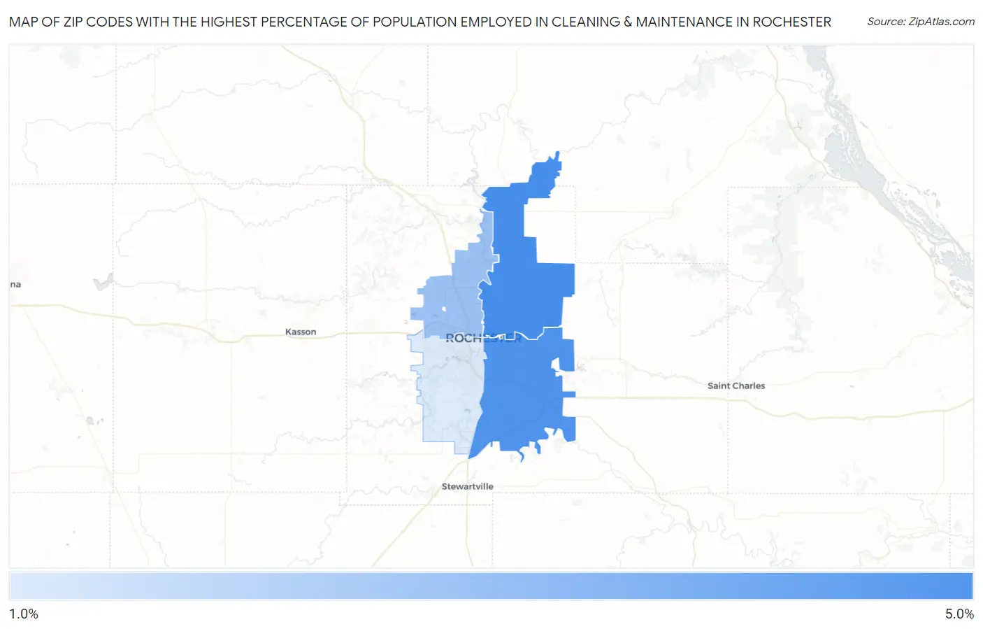 Zip Codes with the Highest Percentage of Population Employed in Cleaning & Maintenance in Rochester Map