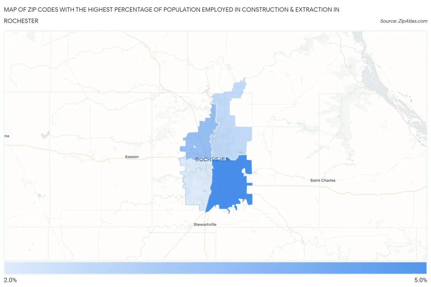 Zip Codes with the Highest Percentage of Population Employed in Construction & Extraction in Rochester Map