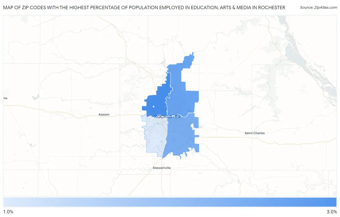 Zip Codes with the Highest Percentage of Population Employed in Education, Arts & Media in Rochester Map