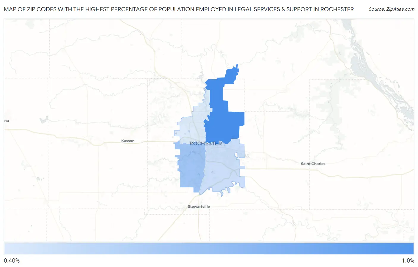 Zip Codes with the Highest Percentage of Population Employed in Legal Services & Support in Rochester Map