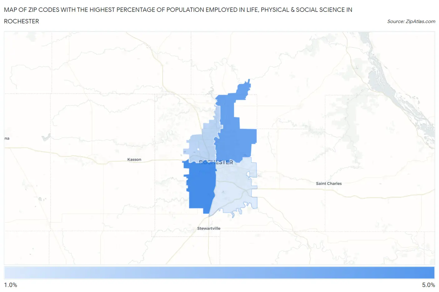 Zip Codes with the Highest Percentage of Population Employed in Life, Physical & Social Science in Rochester Map