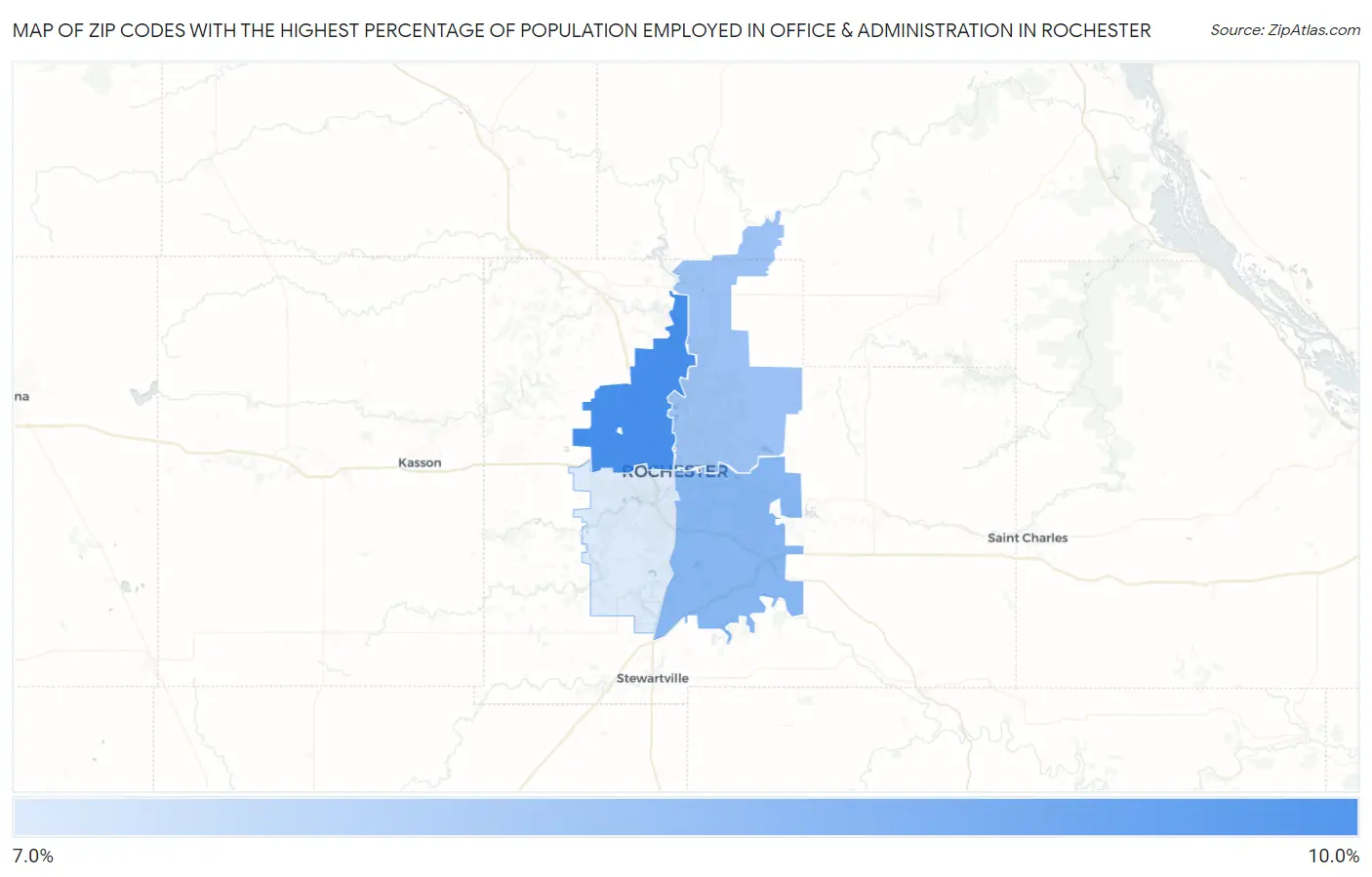 Zip Codes with the Highest Percentage of Population Employed in Office & Administration in Rochester Map