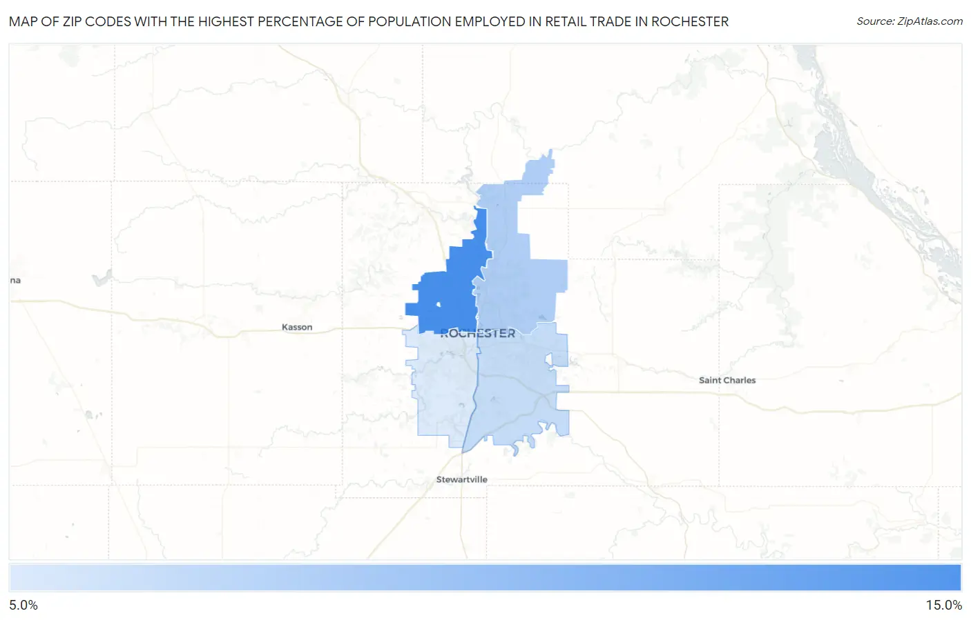 Zip Codes with the Highest Percentage of Population Employed in Retail Trade in Rochester Map