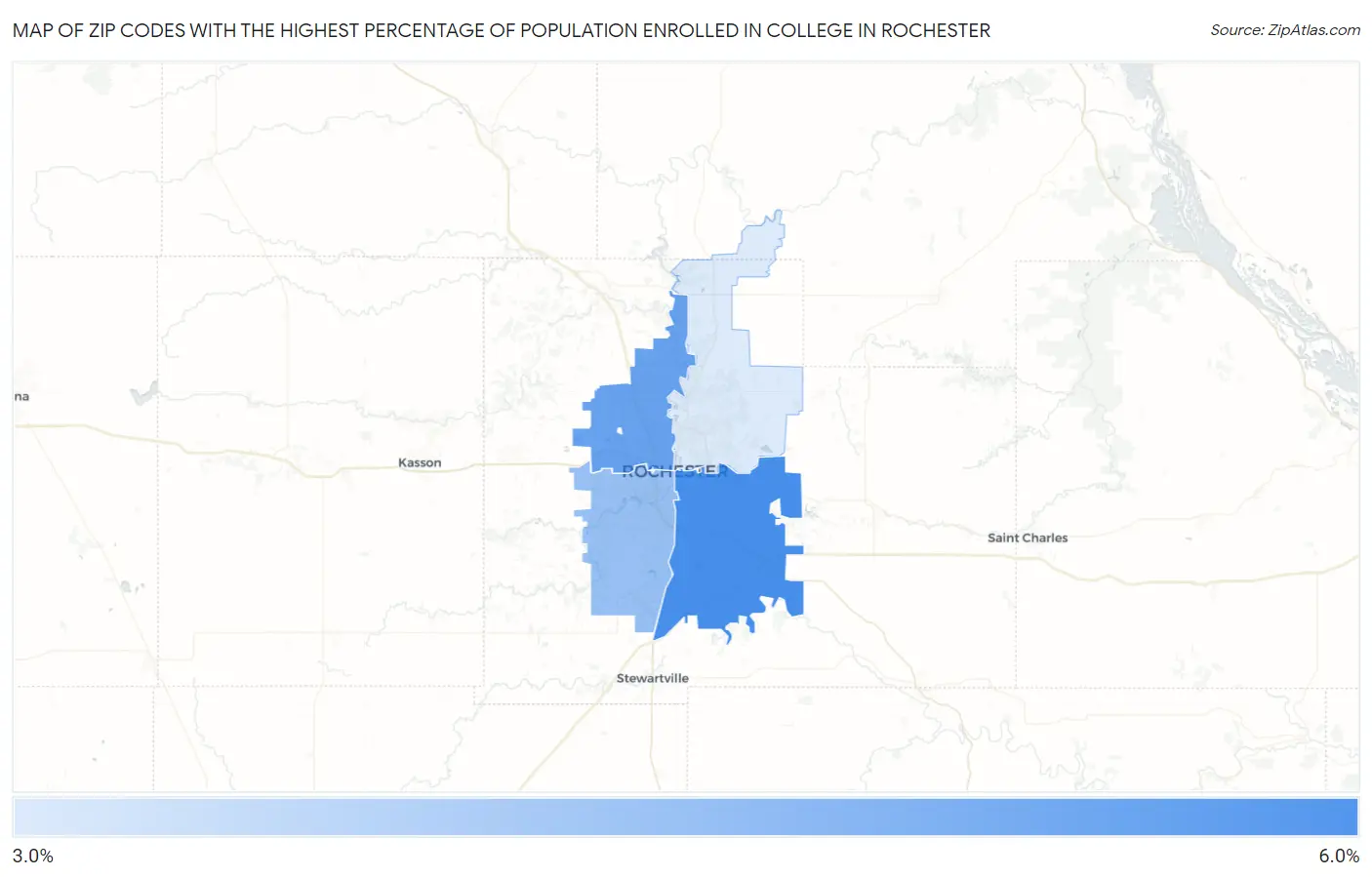 Zip Codes with the Highest Percentage of Population Enrolled in College in Rochester Map