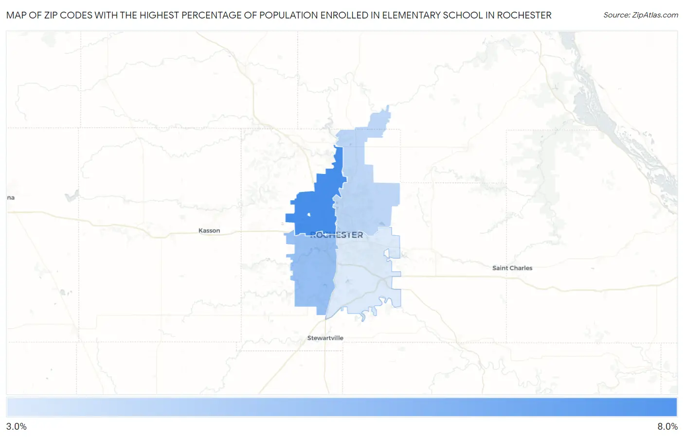 Zip Codes with the Highest Percentage of Population Enrolled in Elementary School in Rochester Map