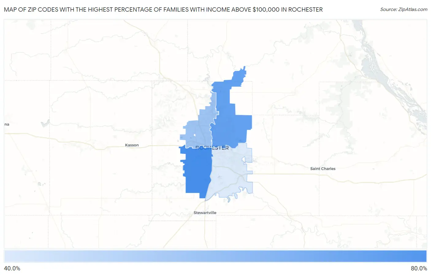 Zip Codes with the Highest Percentage of Families with Income Above $100,000 in Rochester Map
