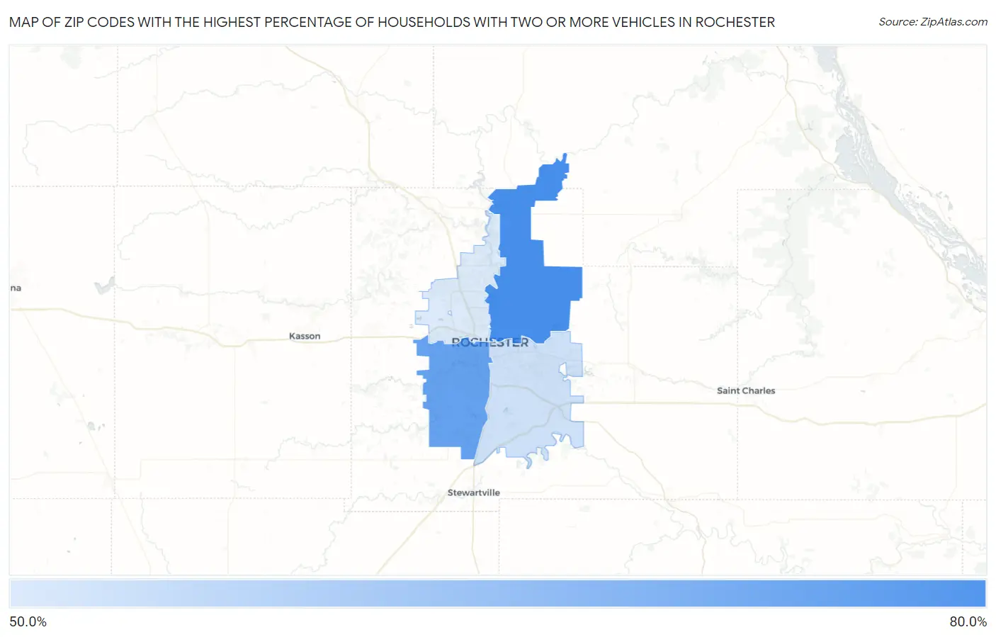 Zip Codes with the Highest Percentage of Households With Two or more Vehicles in Rochester Map