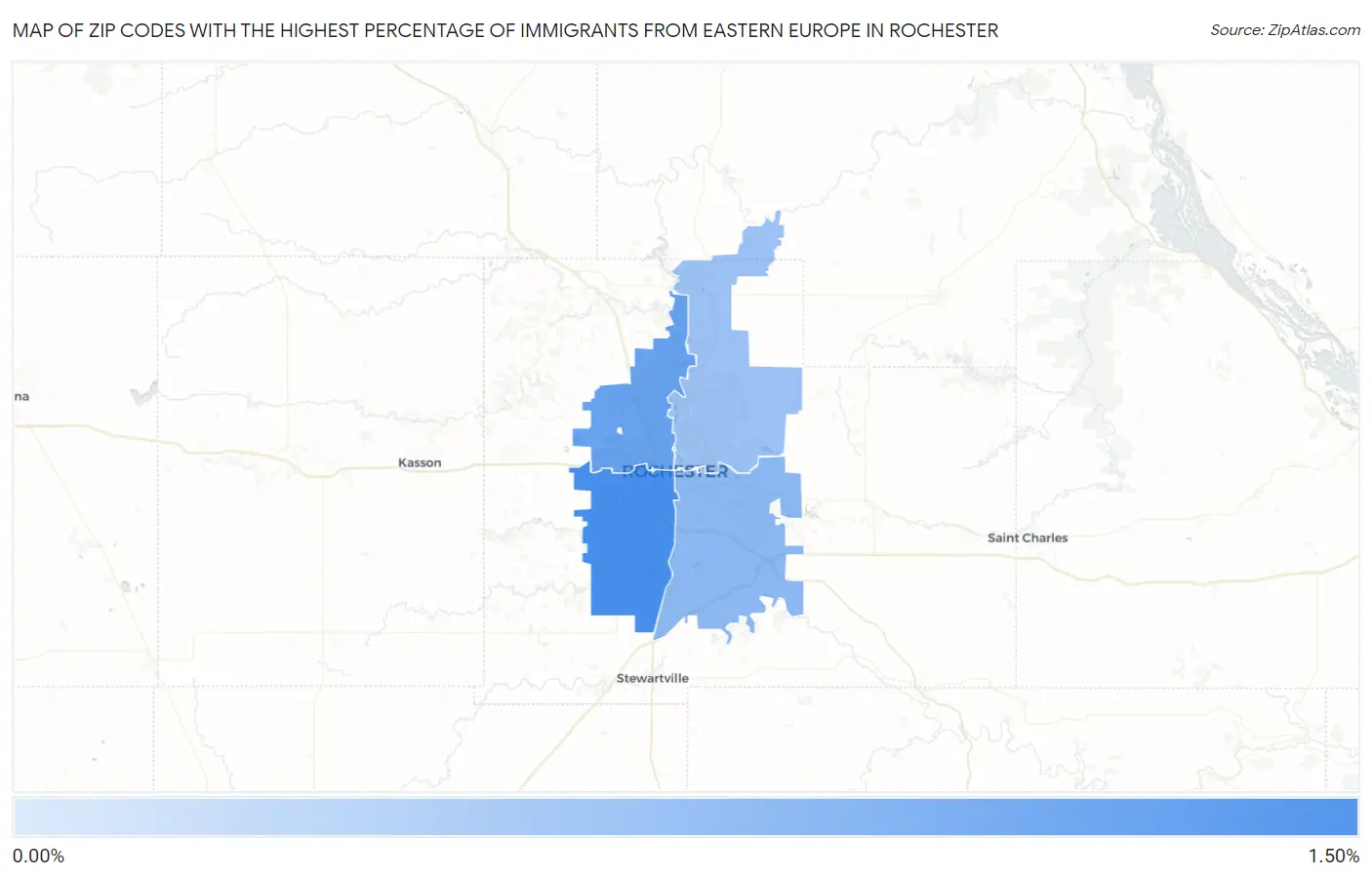 Zip Codes with the Highest Percentage of Immigrants from Eastern Europe in Rochester Map