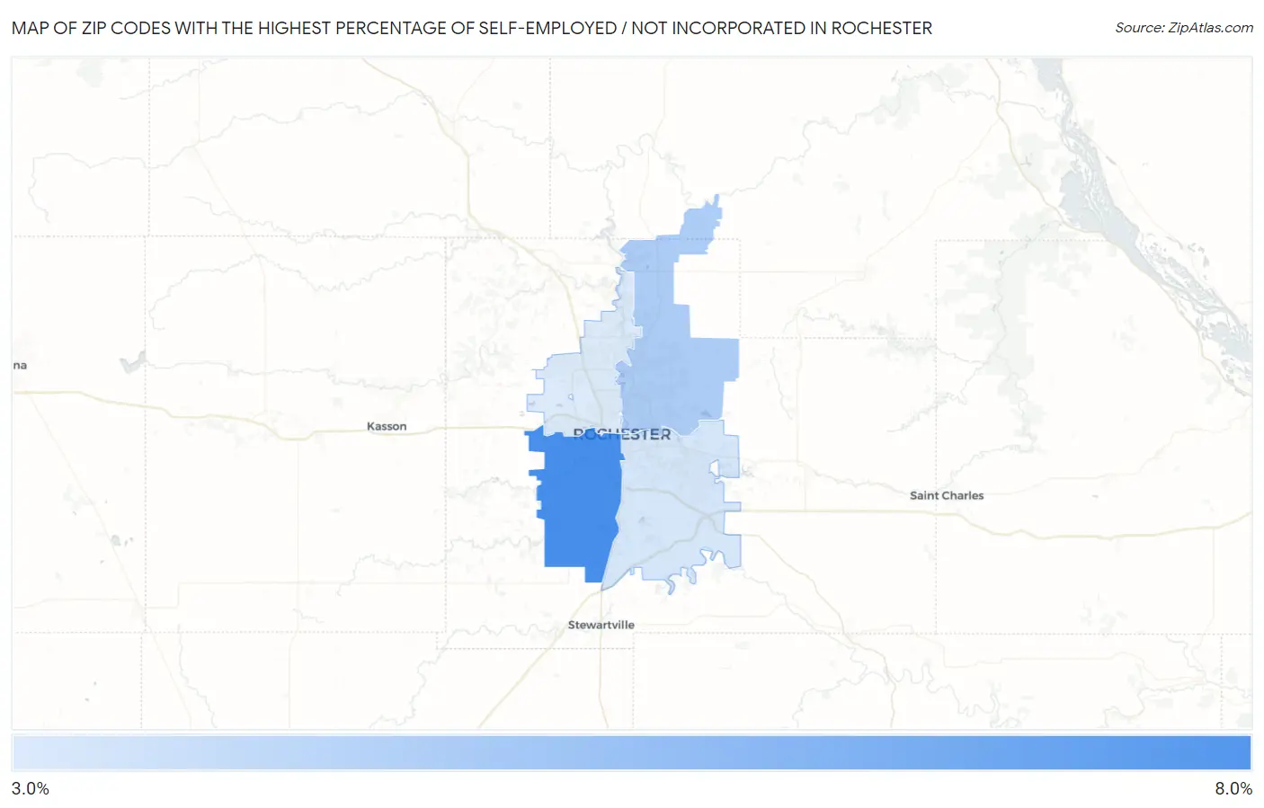 Zip Codes with the Highest Percentage of Self-Employed / Not Incorporated in Rochester Map
