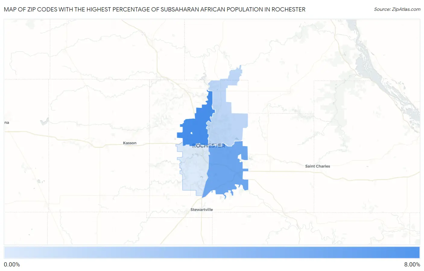 Zip Codes with the Highest Percentage of Subsaharan African Population in Rochester Map