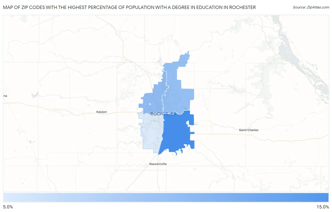 Zip Codes with the Highest Percentage of Population with a Degree in Education in Rochester Map