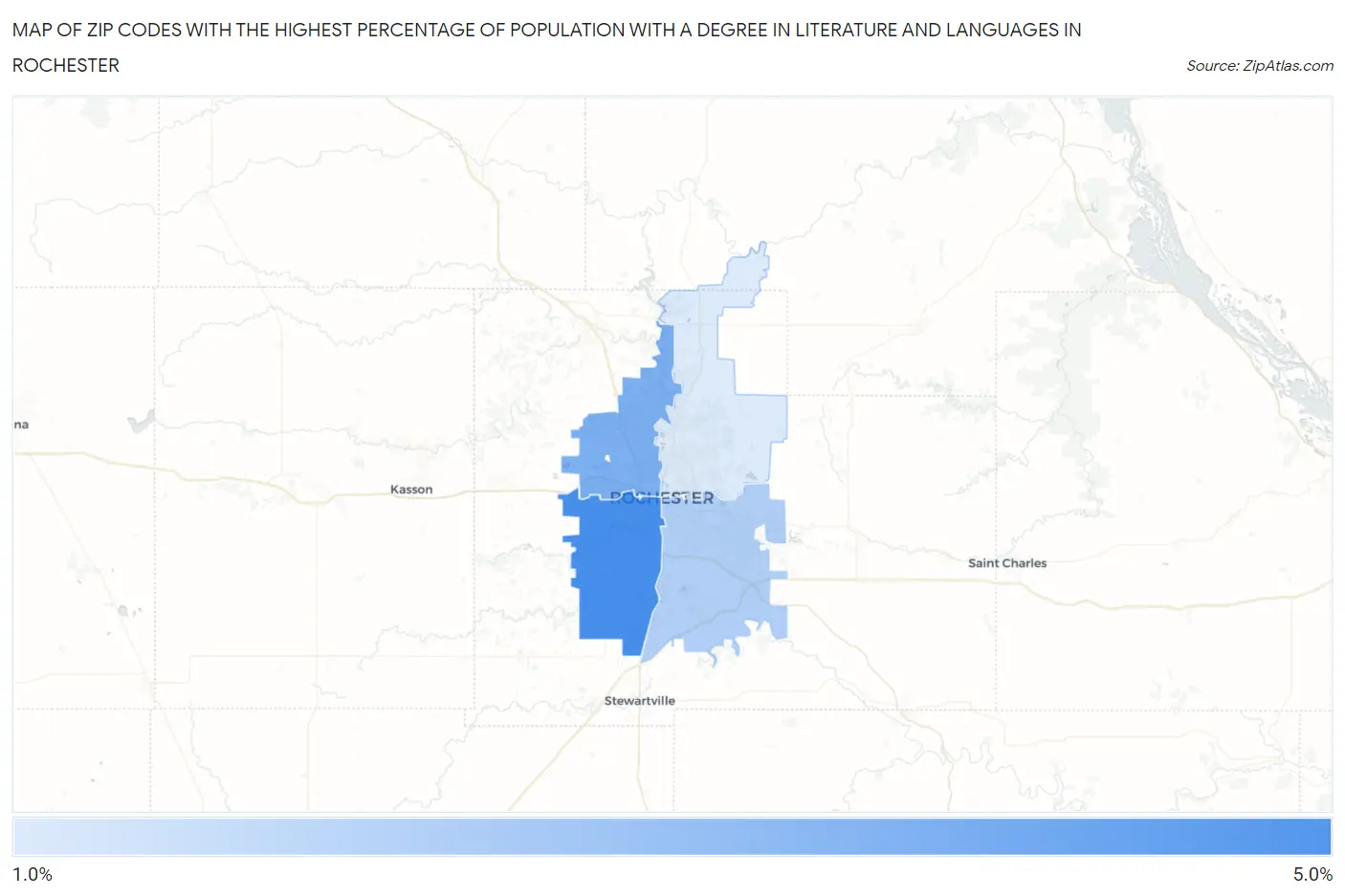 Zip Codes with the Highest Percentage of Population with a Degree in Literature and Languages in Rochester Map