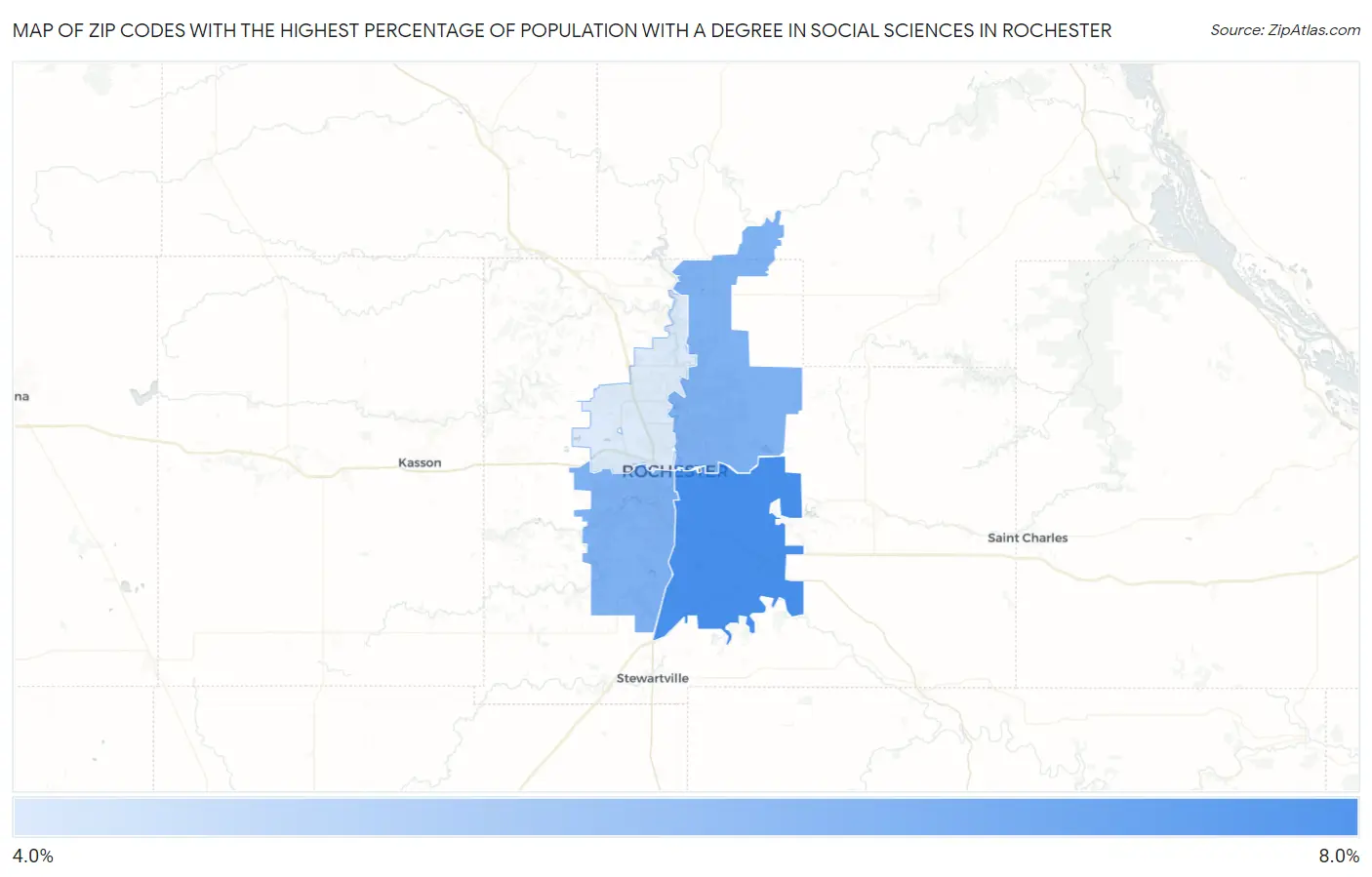 Zip Codes with the Highest Percentage of Population with a Degree in Social Sciences in Rochester Map