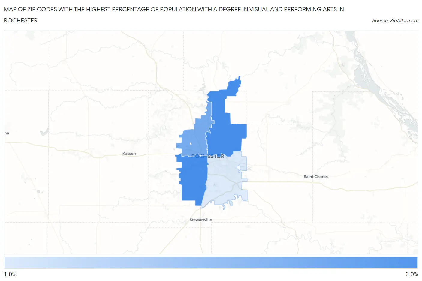 Zip Codes with the Highest Percentage of Population with a Degree in Visual and Performing Arts in Rochester Map