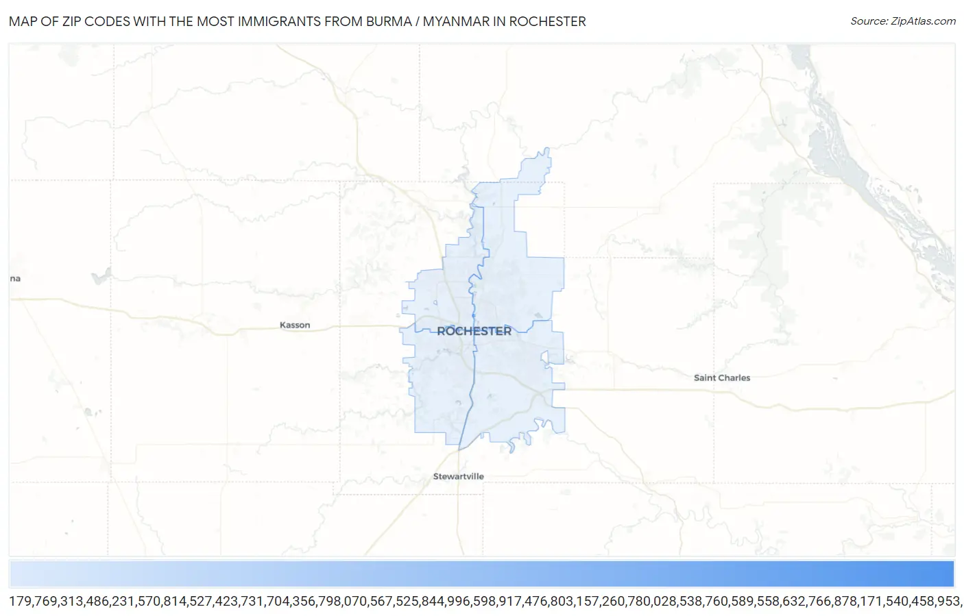 Zip Codes with the Most Immigrants from Burma / Myanmar in Rochester Map
