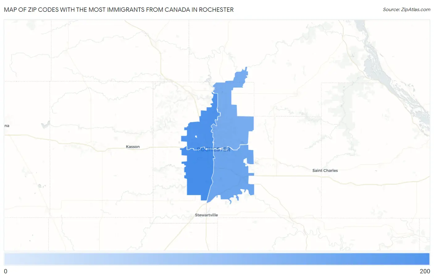 Zip Codes with the Most Immigrants from Canada in Rochester Map