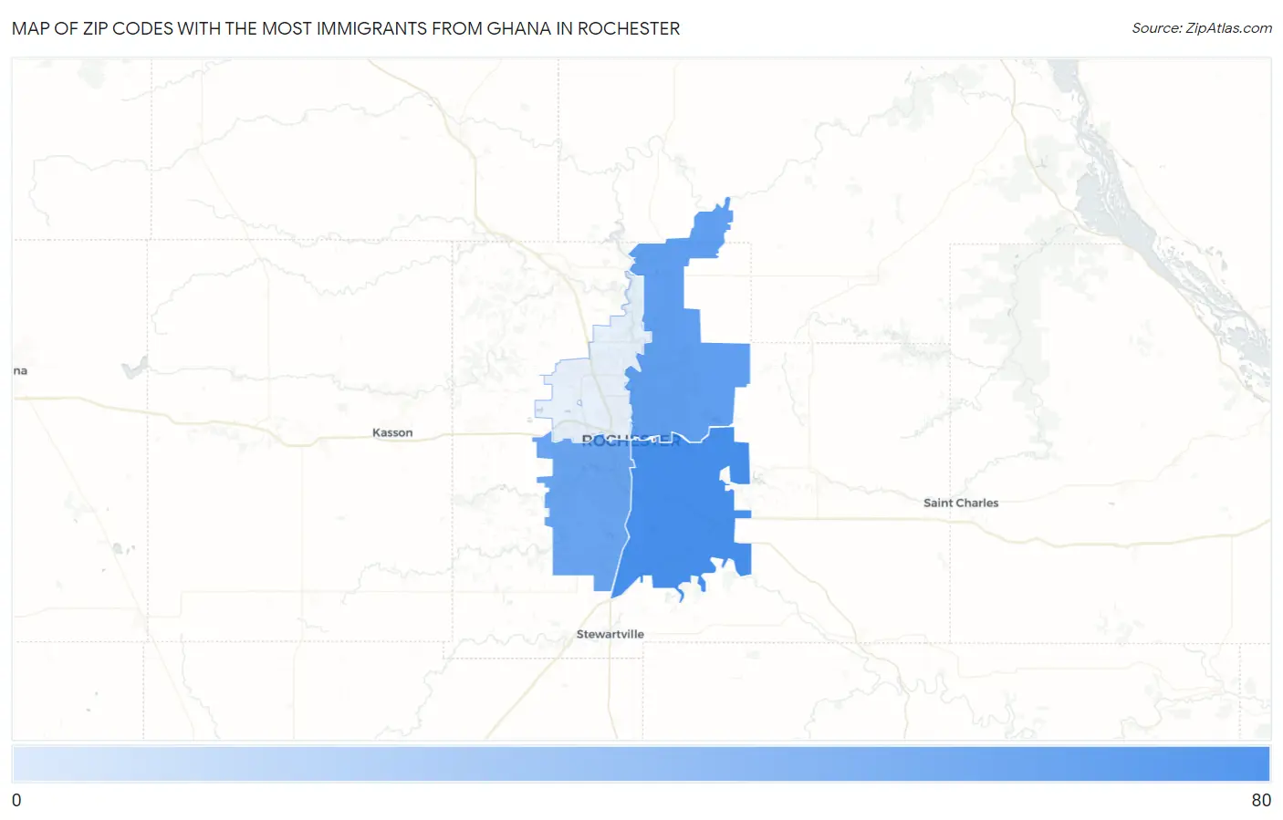 Zip Codes with the Most Immigrants from Ghana in Rochester Map
