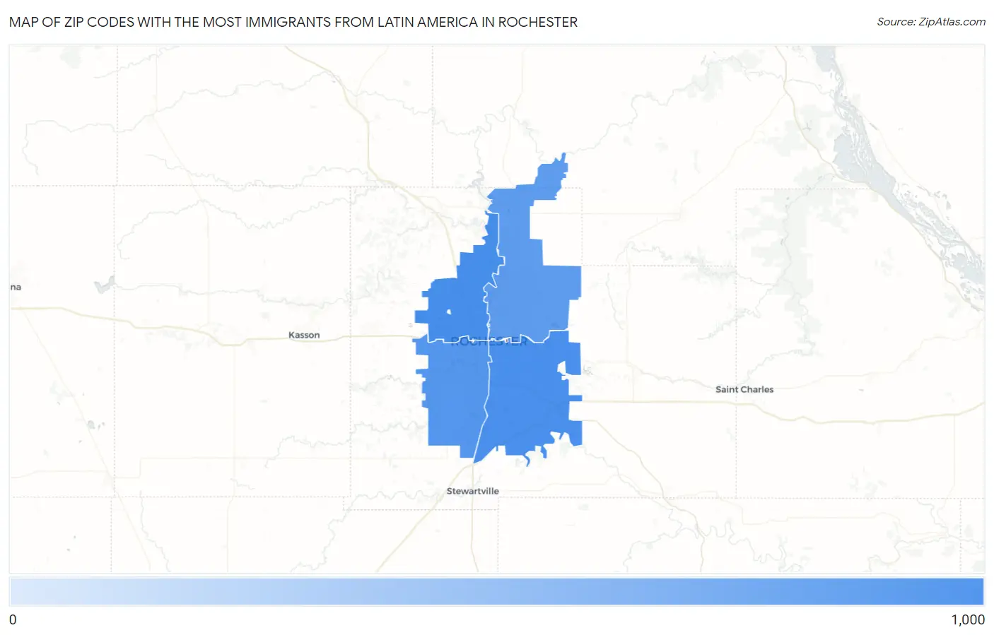 Zip Codes with the Most Immigrants from Latin America in Rochester Map