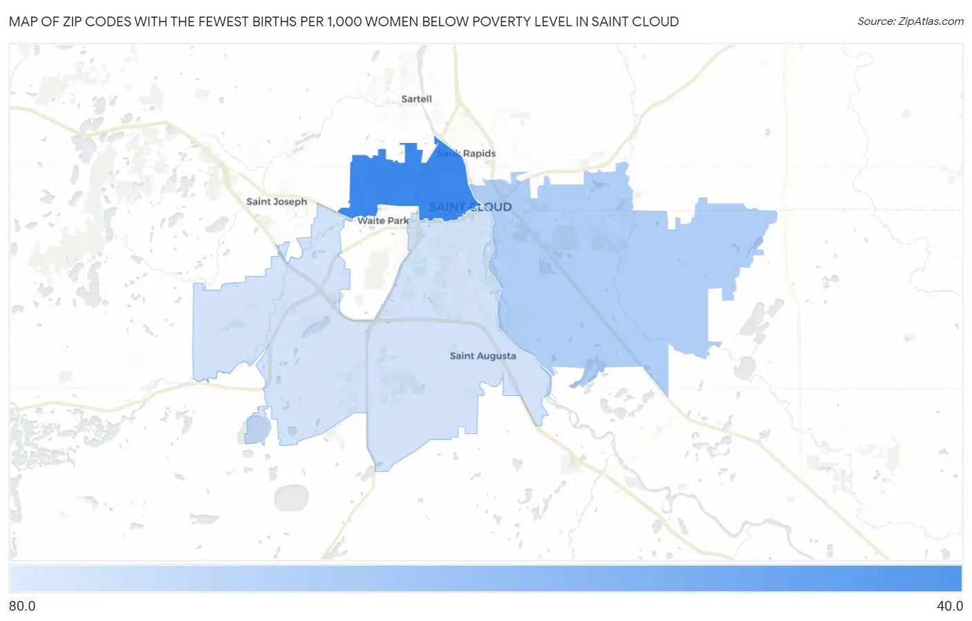 Zip Codes with the Fewest Births per 1,000 Women Below Poverty Level in Saint Cloud Map