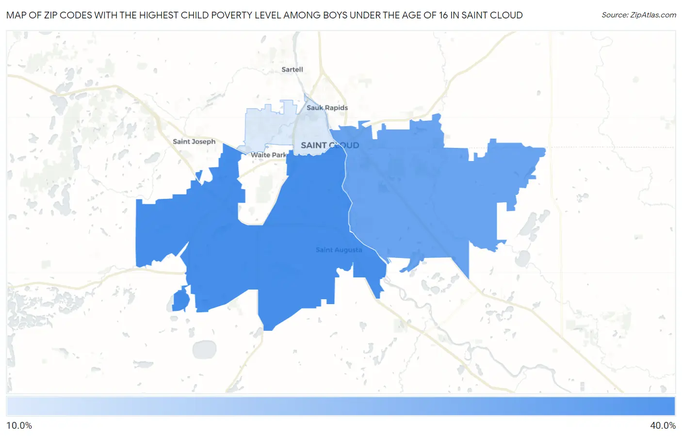 Zip Codes with the Highest Child Poverty Level Among Boys Under the Age of 16 in Saint Cloud Map