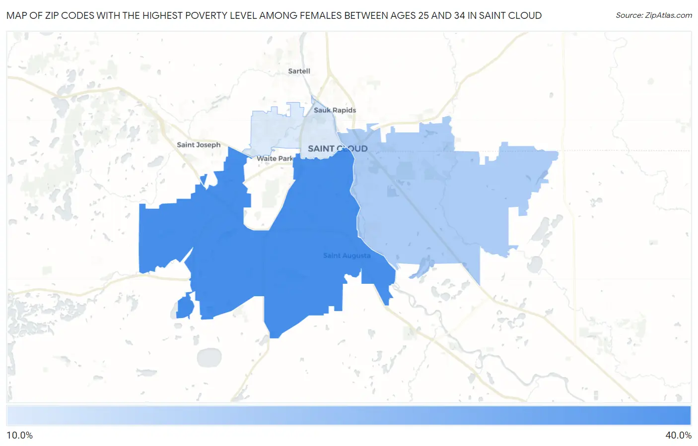Zip Codes with the Highest Poverty Level Among Females Between Ages 25 and 34 in Saint Cloud Map