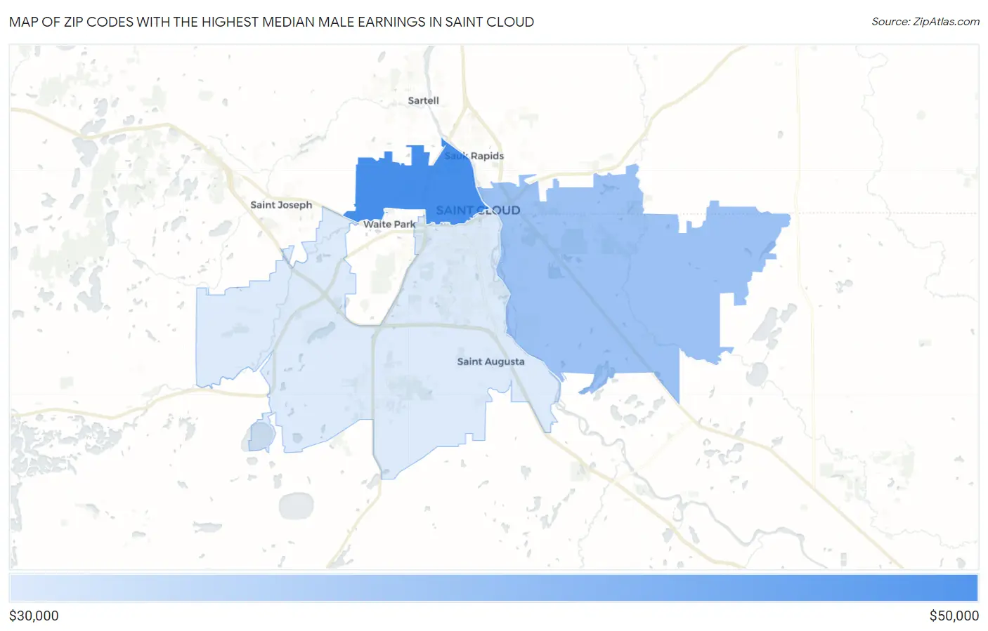 Zip Codes with the Highest Median Male Earnings in Saint Cloud Map