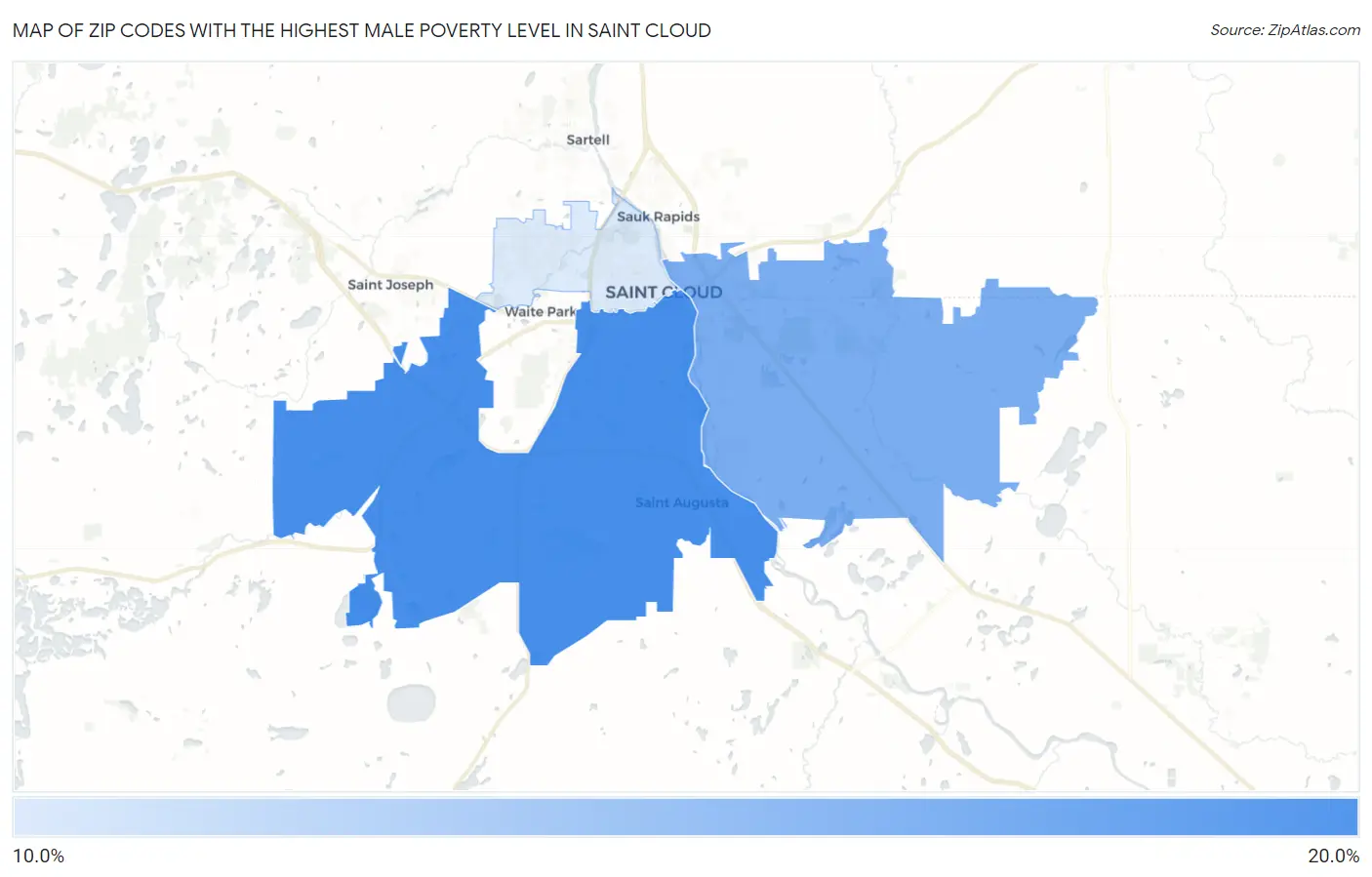 Zip Codes with the Highest Male Poverty Level in Saint Cloud Map