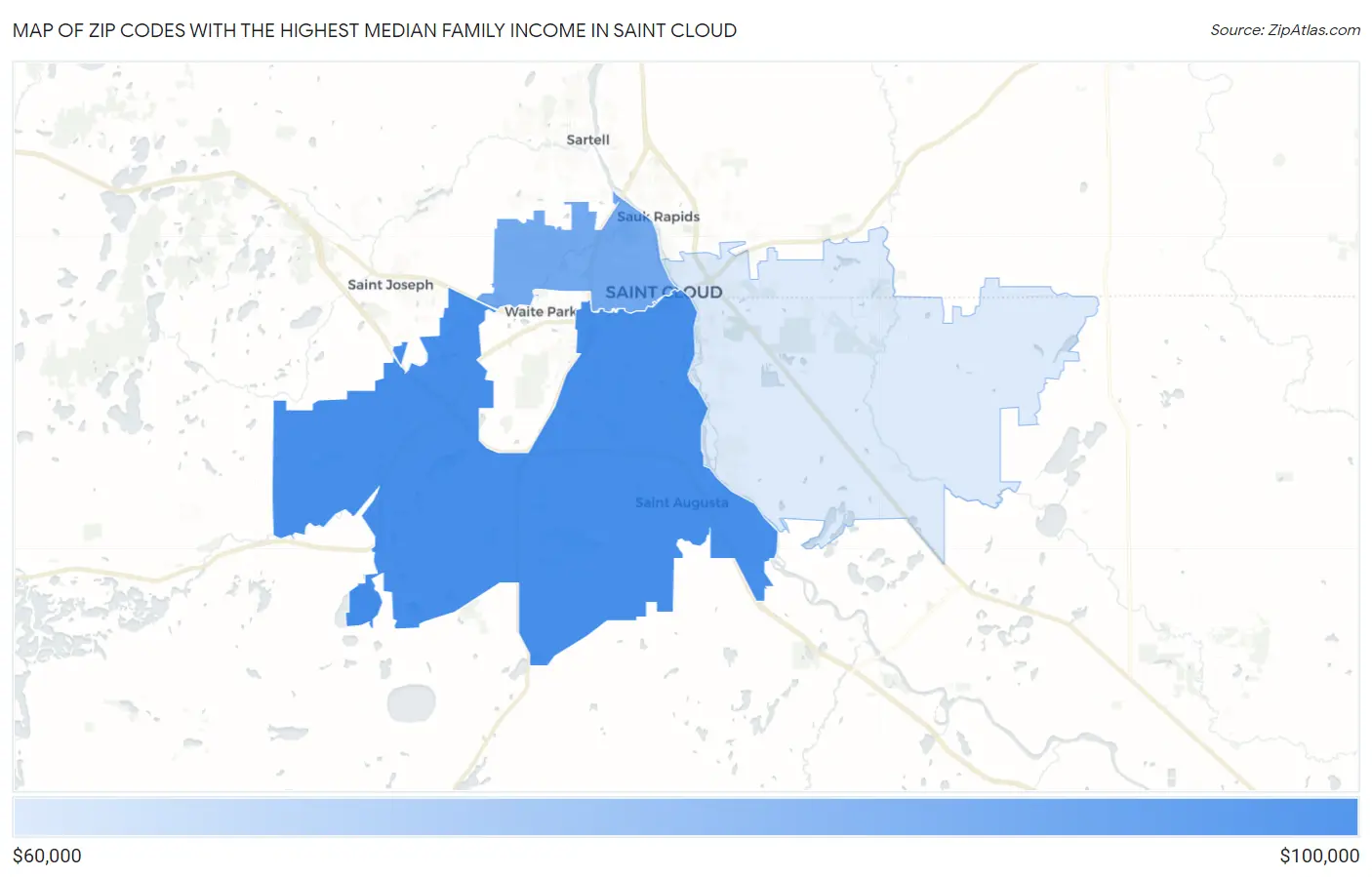 Zip Codes with the Highest Median Family Income in Saint Cloud Map