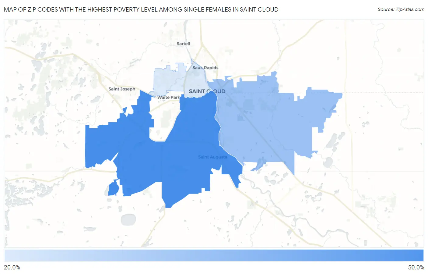 Zip Codes with the Highest Poverty Level Among Single Females in Saint Cloud Map
