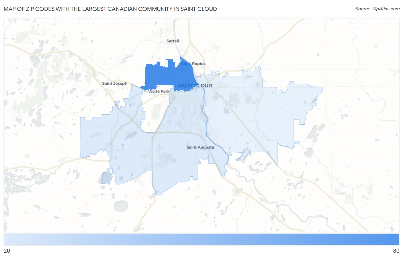 Zip Codes with the Largest Canadian Community in Saint Cloud Map