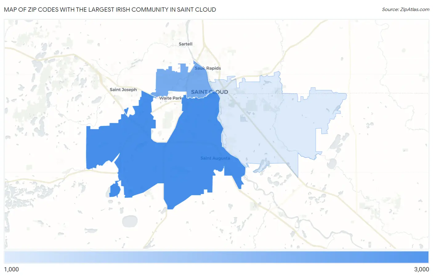 Zip Codes with the Largest Irish Community in Saint Cloud Map