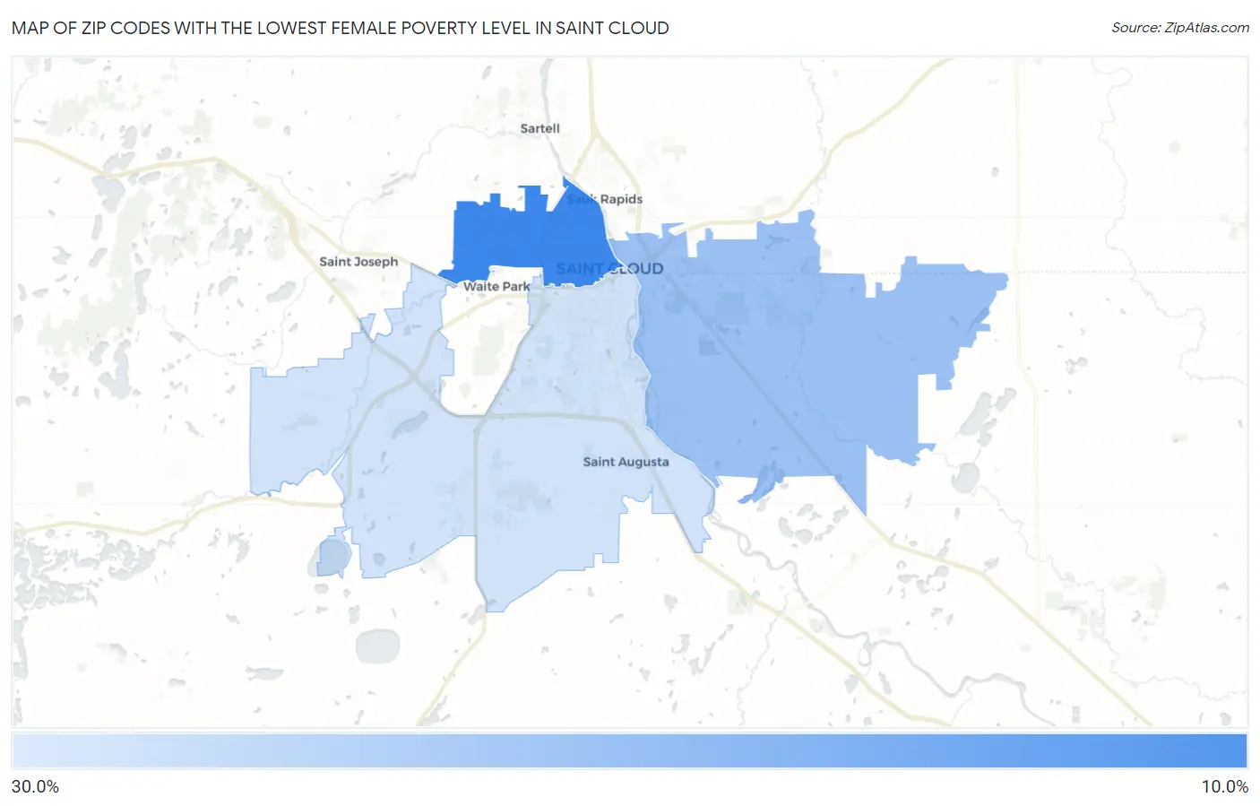 Zip Codes with the Lowest Female Poverty Level in Saint Cloud Map