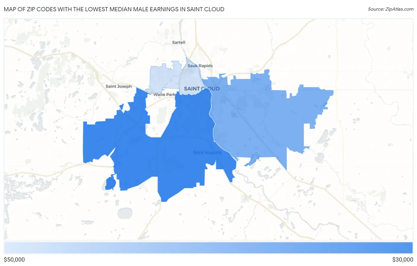 Zip Codes with the Lowest Median Male Earnings in Saint Cloud Map