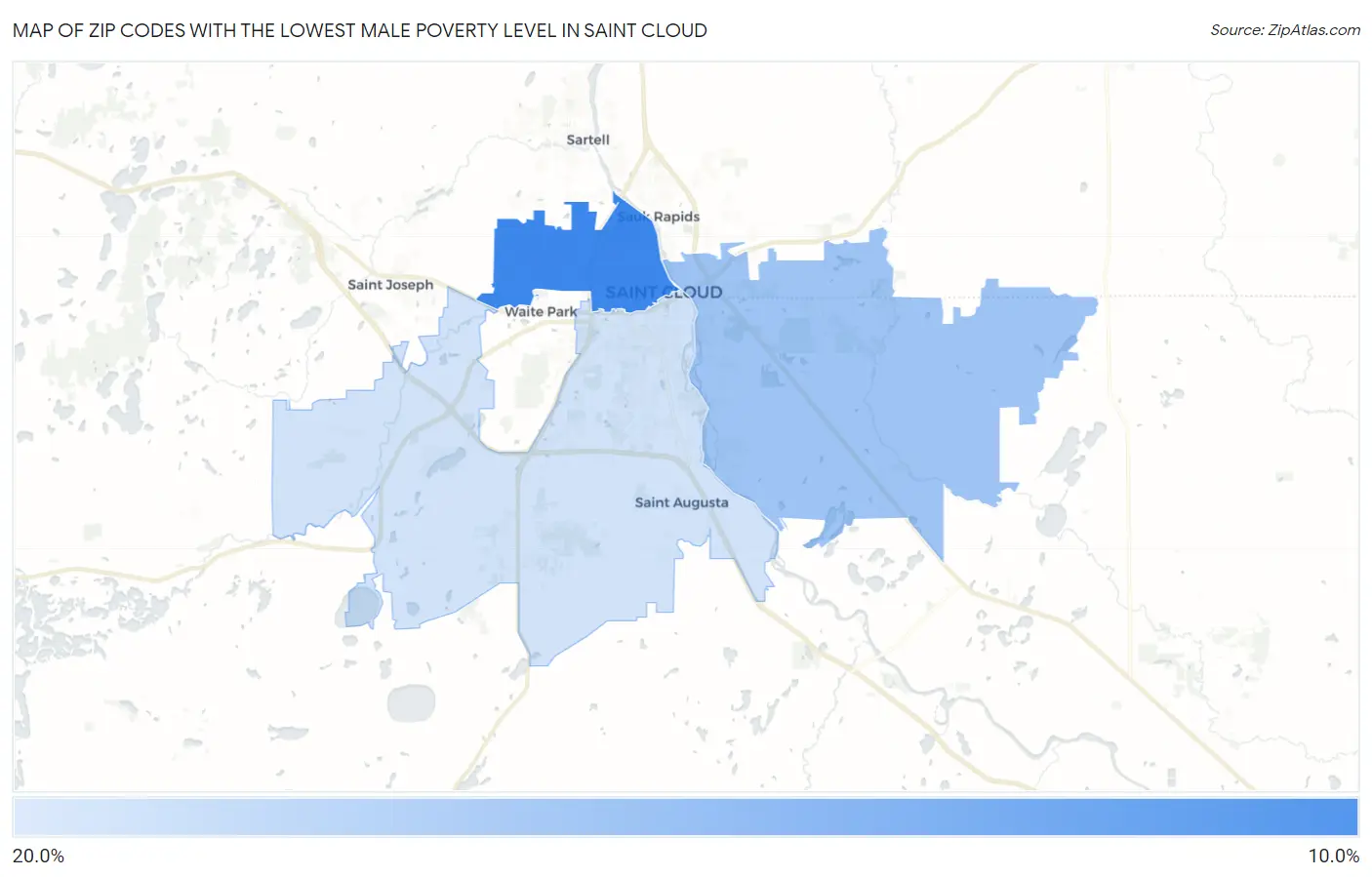 Zip Codes with the Lowest Male Poverty Level in Saint Cloud Map