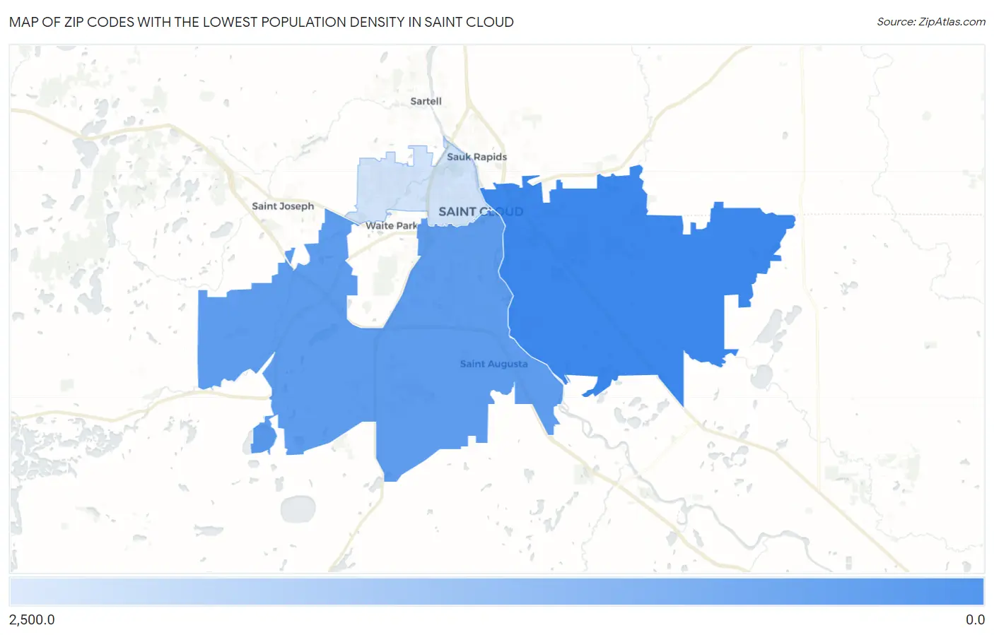 Zip Codes with the Lowest Population Density in Saint Cloud Map
