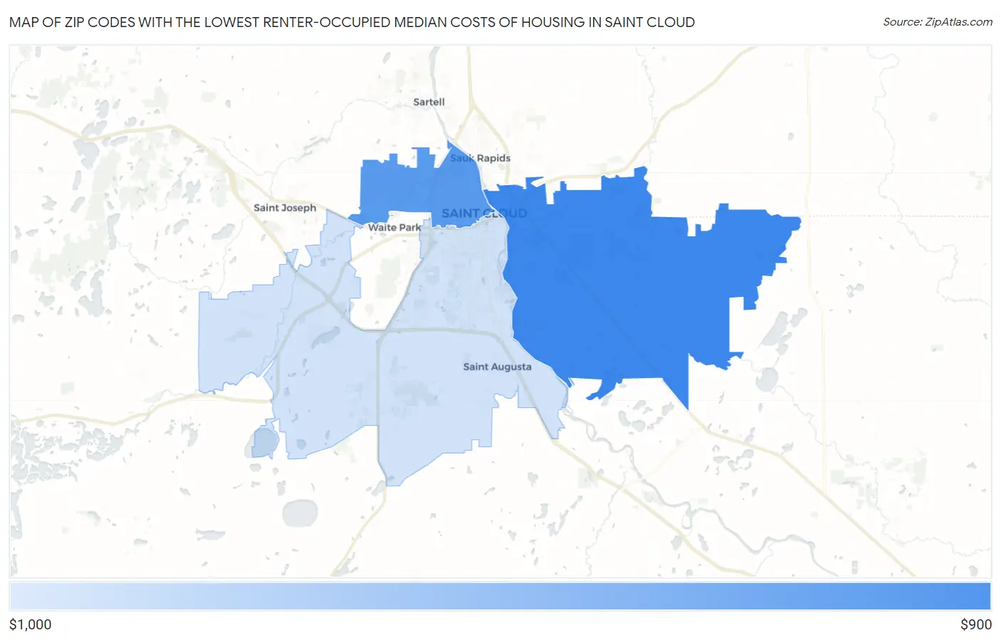 Zip Codes with the Lowest Renter-Occupied Median Costs of Housing in Saint Cloud Map