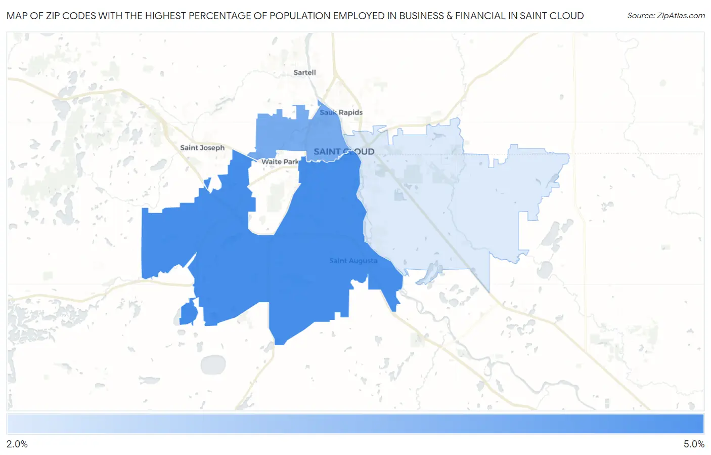 Zip Codes with the Highest Percentage of Population Employed in Business & Financial in Saint Cloud Map