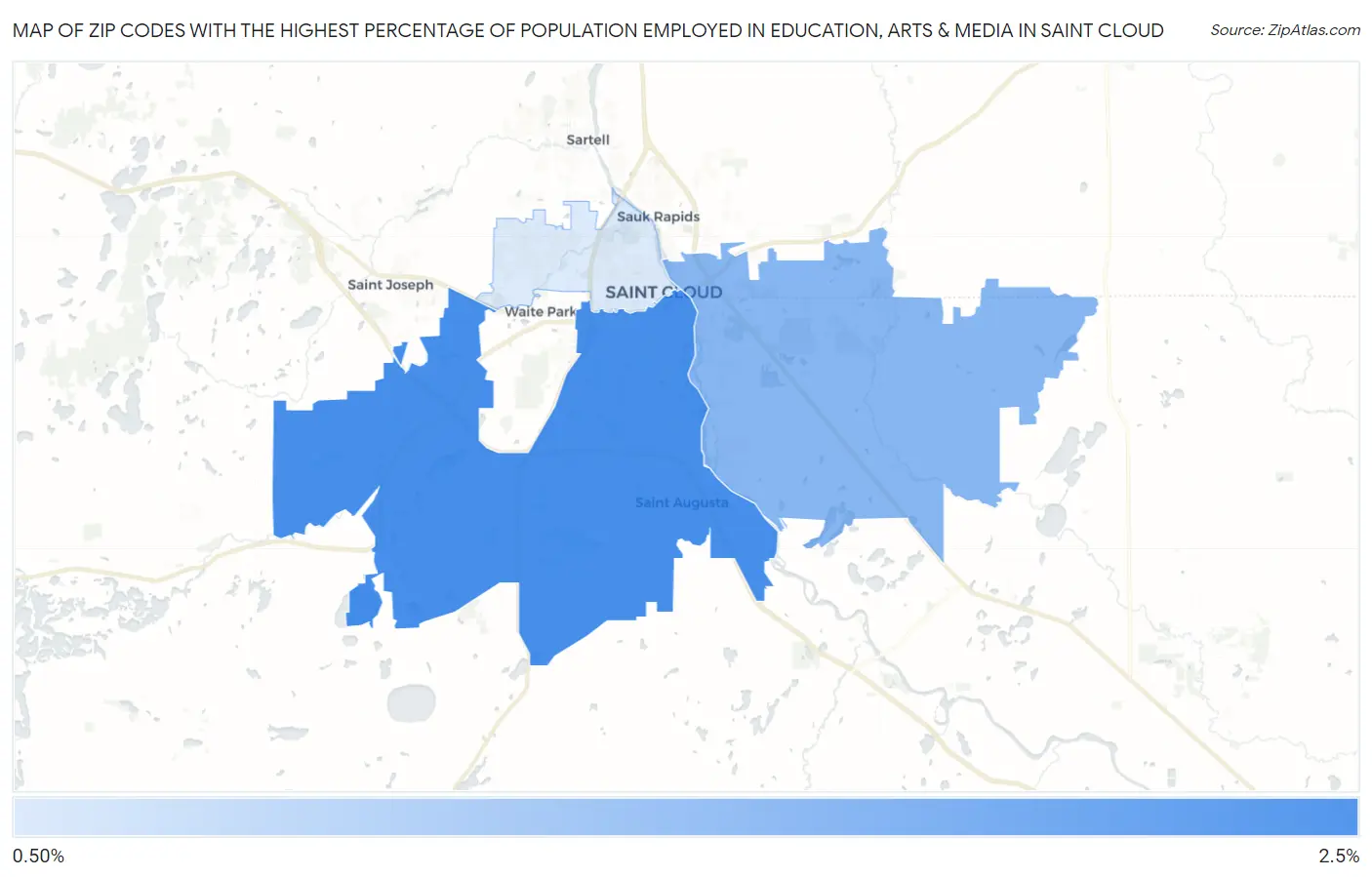 Zip Codes with the Highest Percentage of Population Employed in Education, Arts & Media in Saint Cloud Map