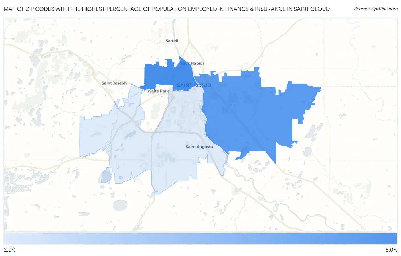 Zip Codes with the Highest Percentage of Population Employed in Finance & Insurance in Saint Cloud Map
