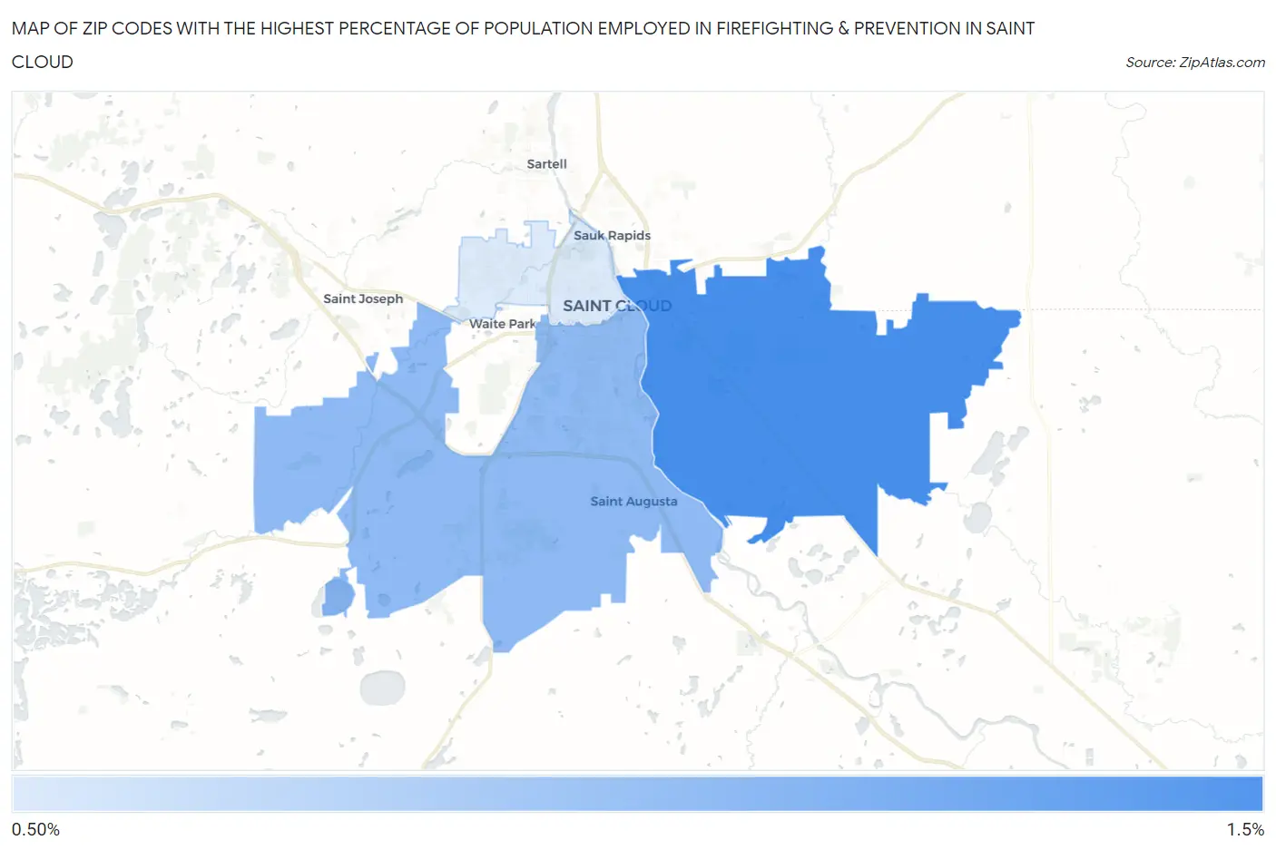 Zip Codes with the Highest Percentage of Population Employed in Firefighting & Prevention in Saint Cloud Map