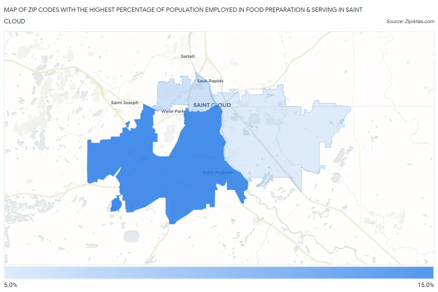 Zip Codes with the Highest Percentage of Population Employed in Food Preparation & Serving in Saint Cloud Map