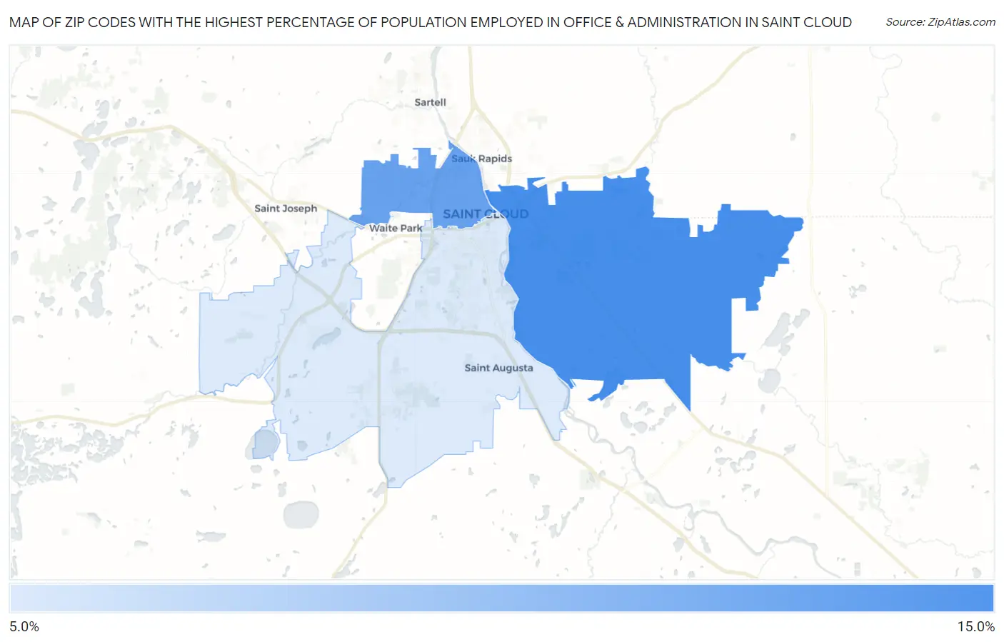 Zip Codes with the Highest Percentage of Population Employed in Office & Administration in Saint Cloud Map