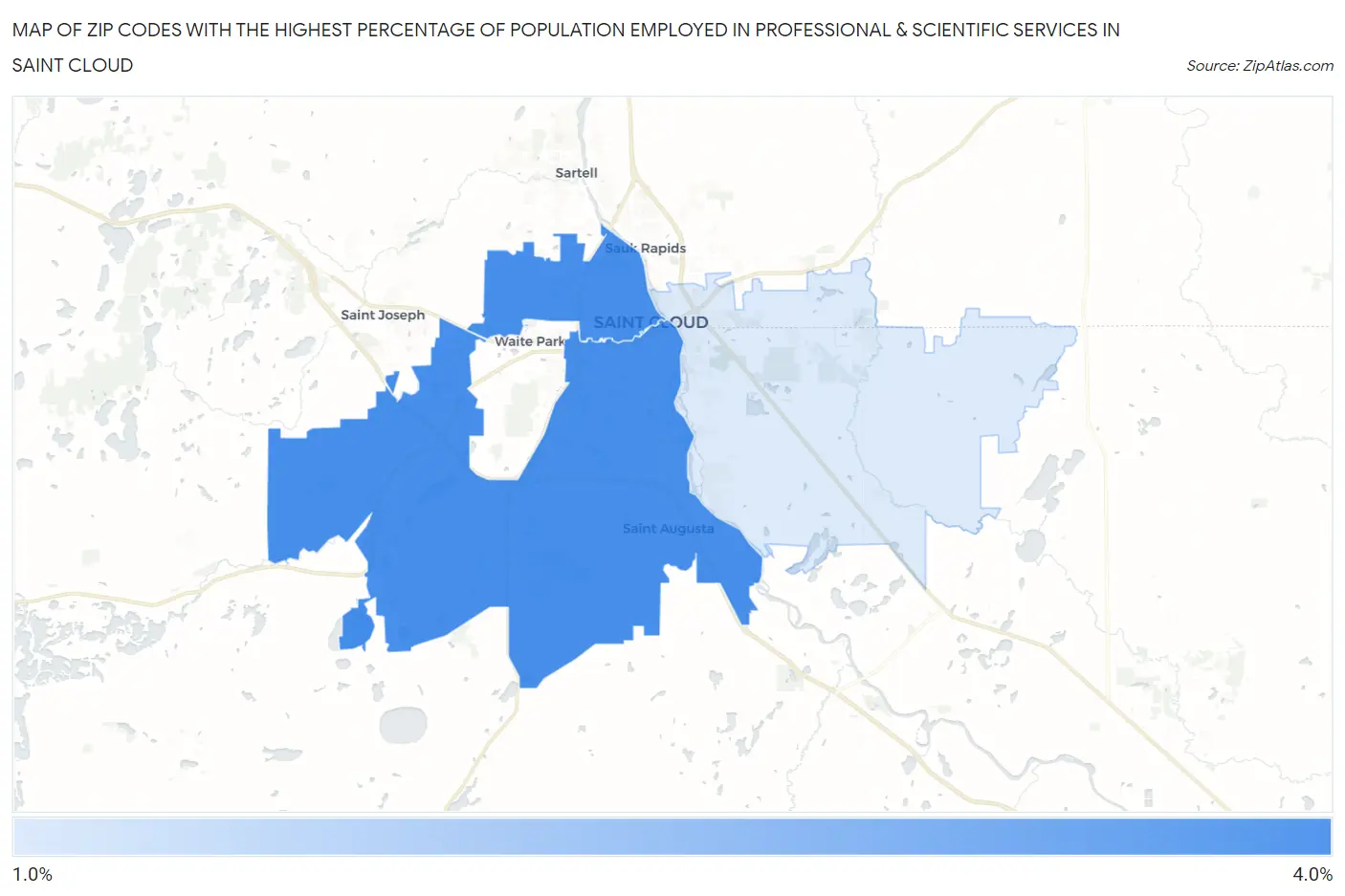 Zip Codes with the Highest Percentage of Population Employed in Professional & Scientific Services in Saint Cloud Map