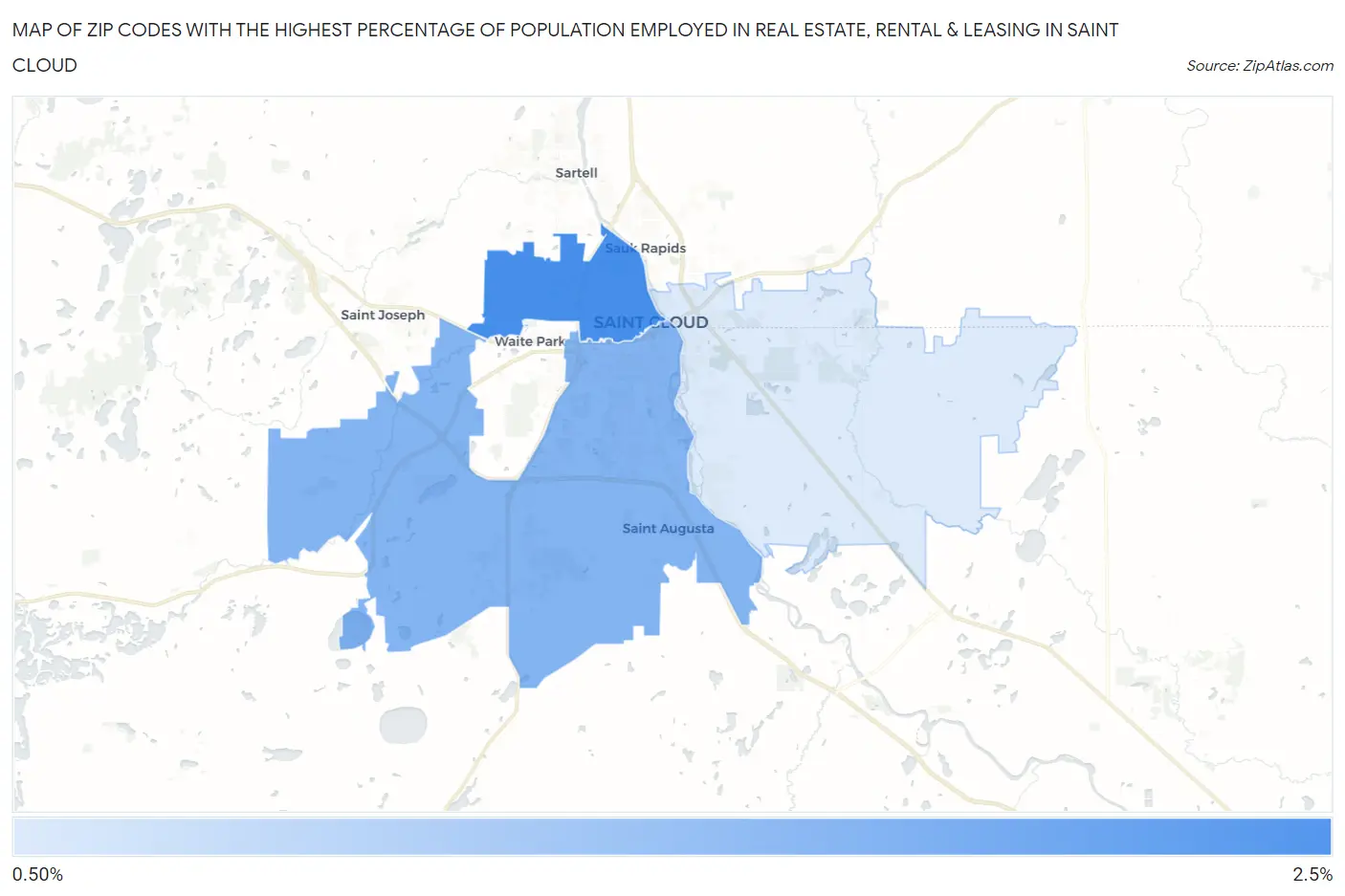Zip Codes with the Highest Percentage of Population Employed in Real Estate, Rental & Leasing in Saint Cloud Map