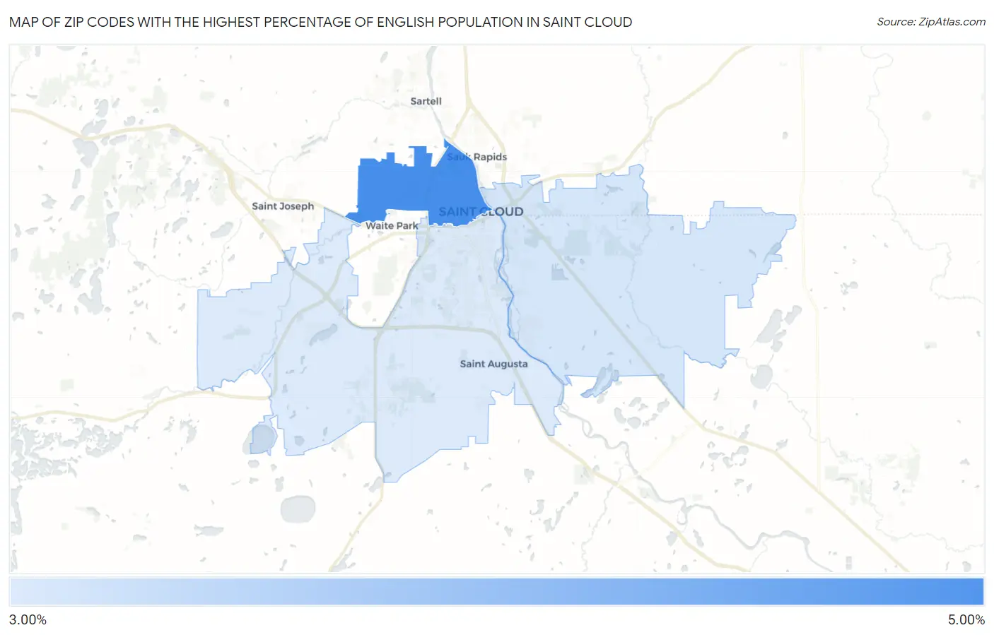 Zip Codes with the Highest Percentage of English Population in Saint Cloud Map