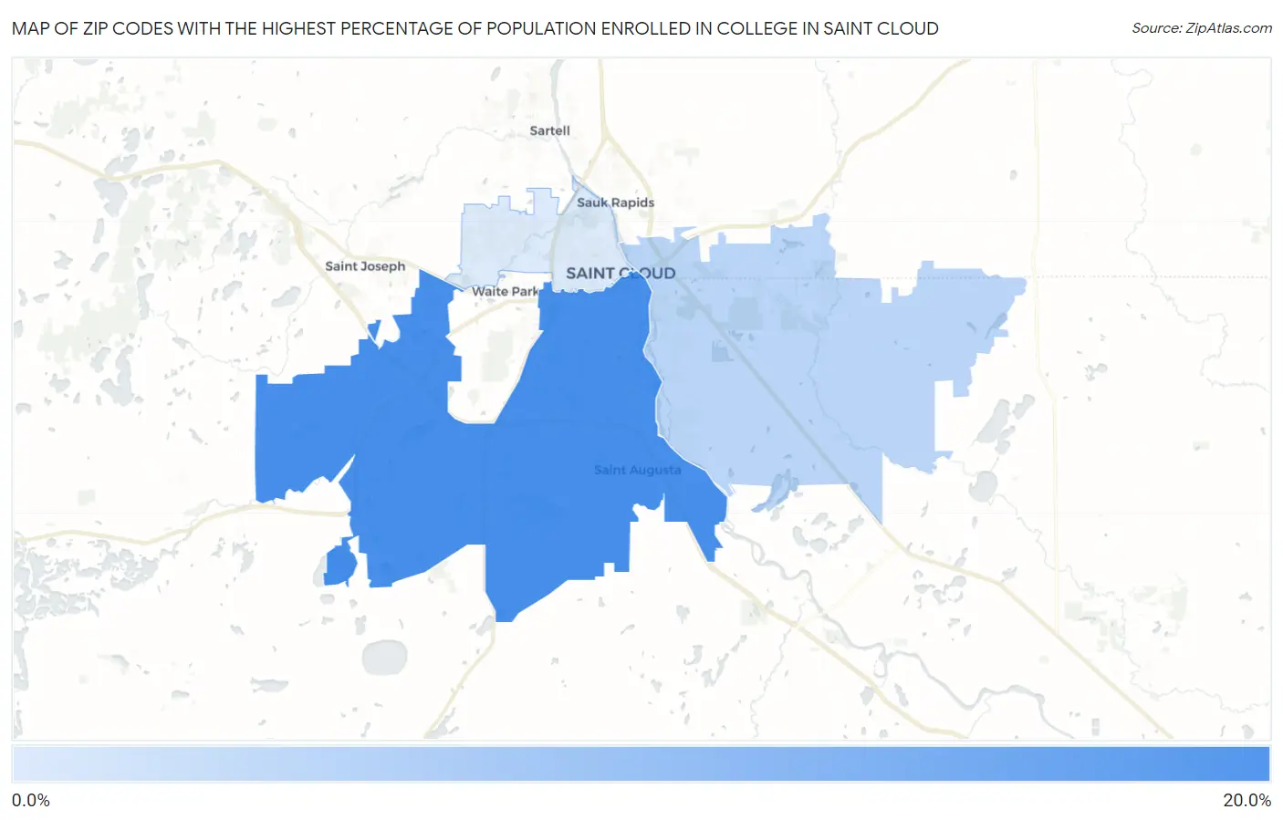 Zip Codes with the Highest Percentage of Population Enrolled in College in Saint Cloud Map