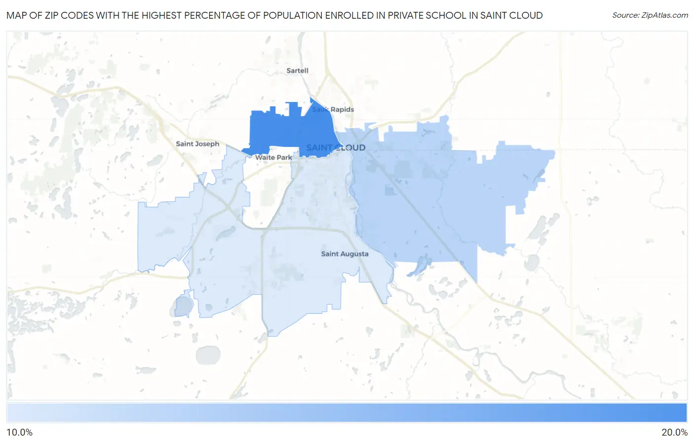 Zip Codes with the Highest Percentage of Population Enrolled in Private School in Saint Cloud Map